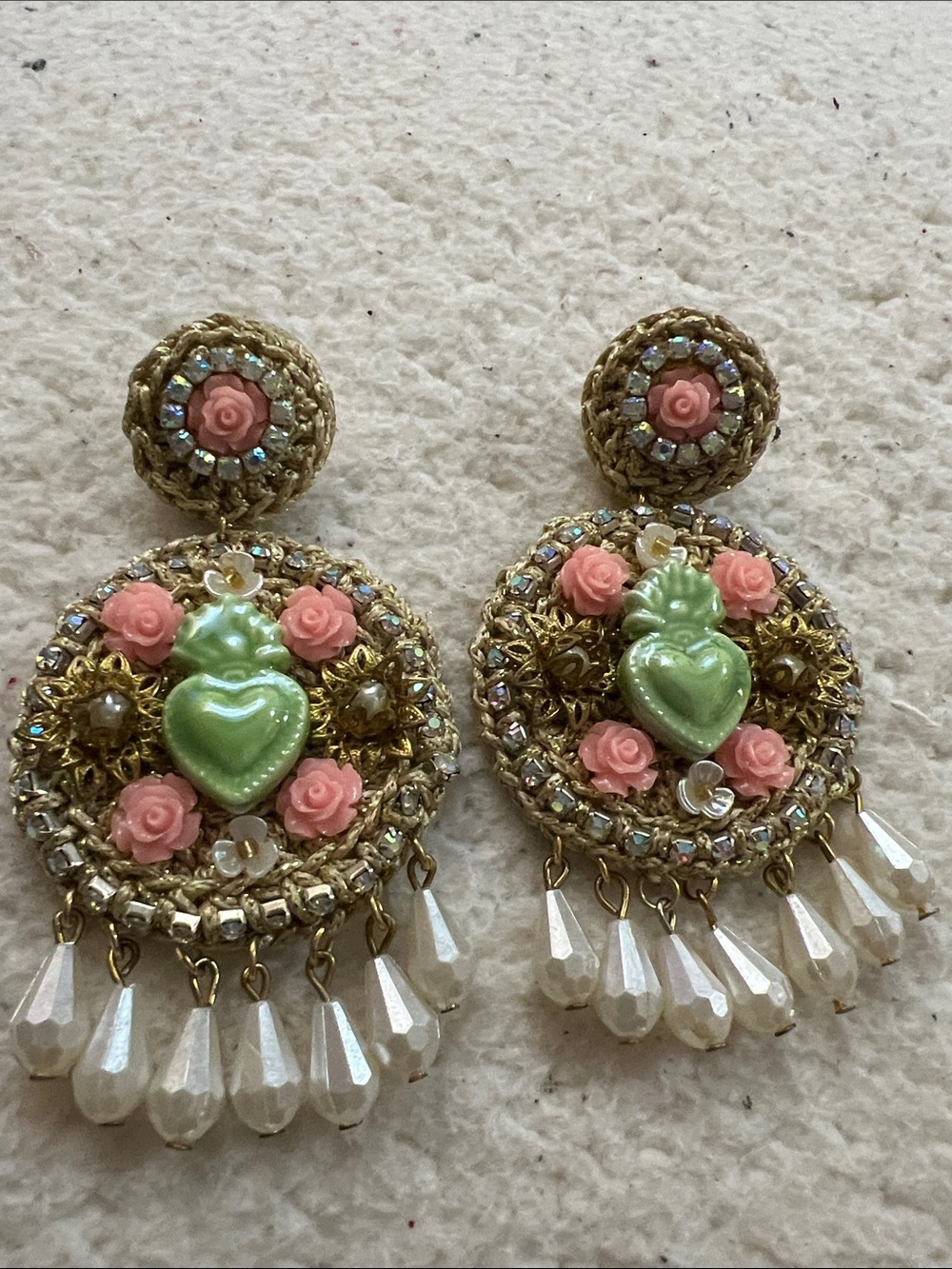 Handmade Gold-Tone Floral Heart Drop Earrings with Pink Roses and Green Hearts